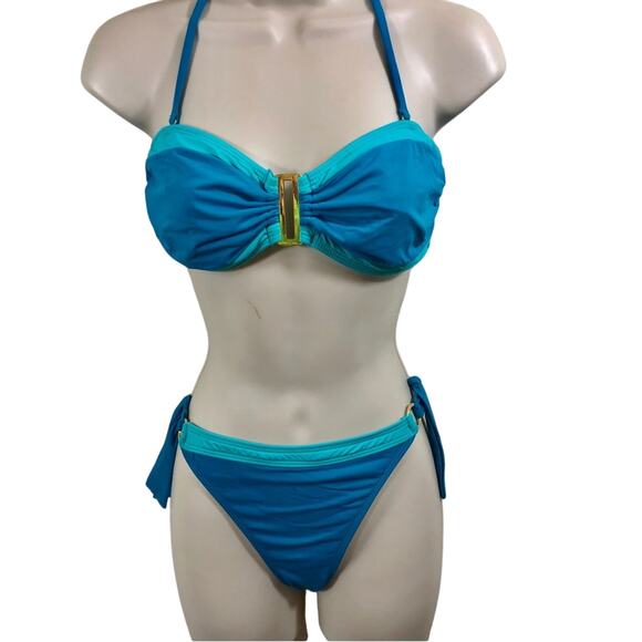 Leilani Bright Blue with Turquoise Trim Bikini Bathing Suit Gold Tone Trim - Picture 7 of 16